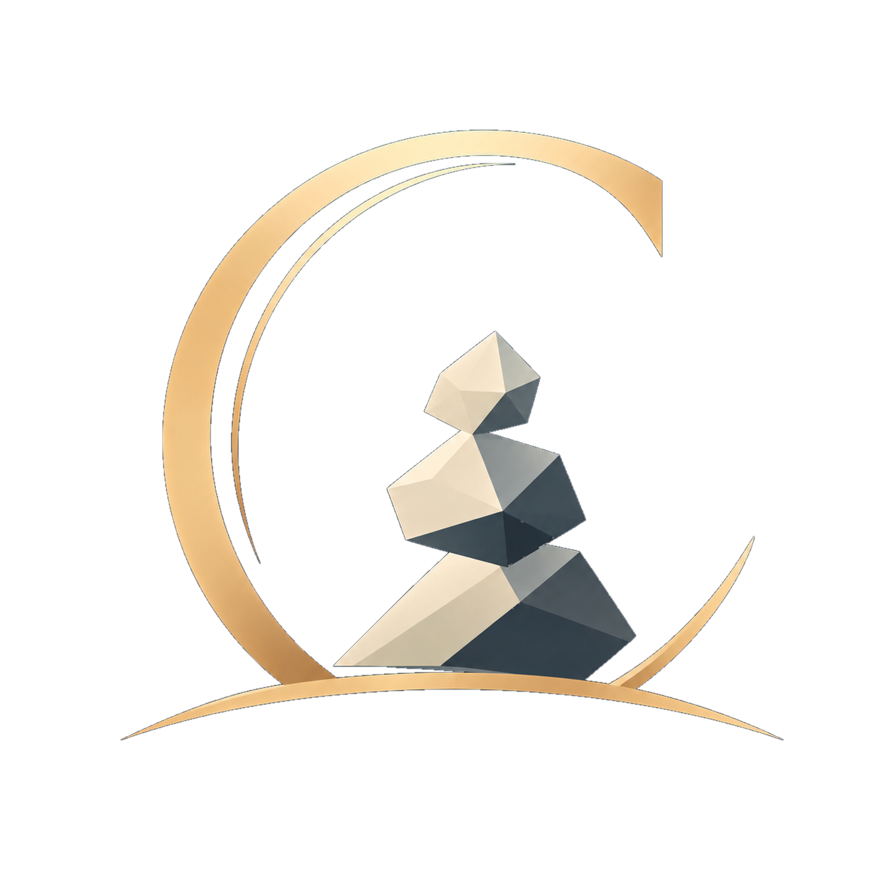Cairvelle emblem: a gold C enclosing three stacked stones